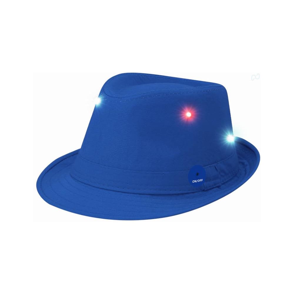 A blue fedora hat with built-in LED lights and an on/off switch, featuring a circular logo. Enzox - Image 1