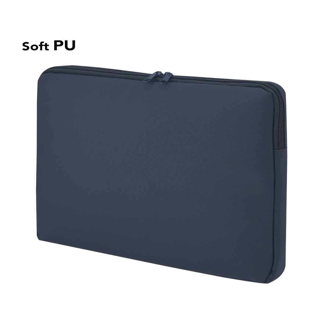 A navy laptop pouch with a smooth surface and zip closure, made from soft PU material. Features a logo. Pravesh Laptop Pouch - Image 1