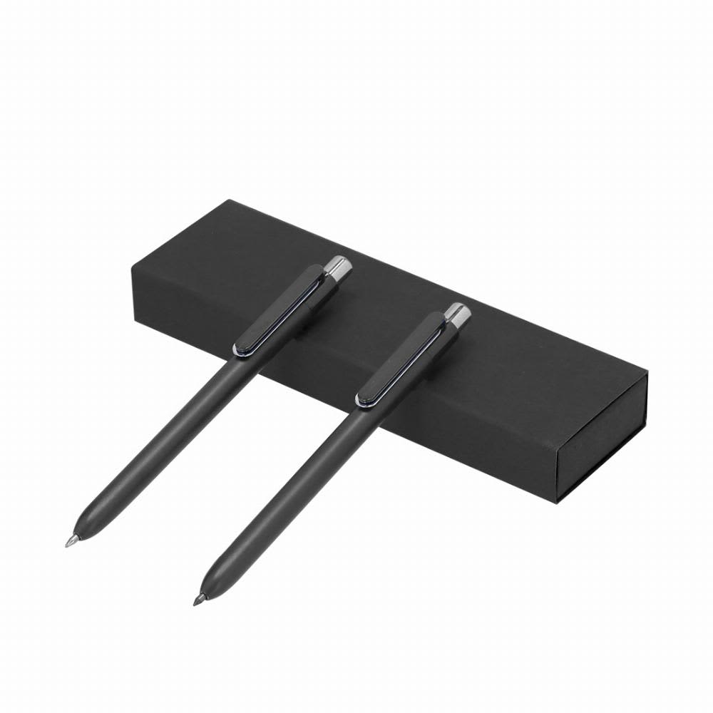 A set of black pens displayed in a sleek black box, featuring a silver clip and trim. Dayal - Image 1