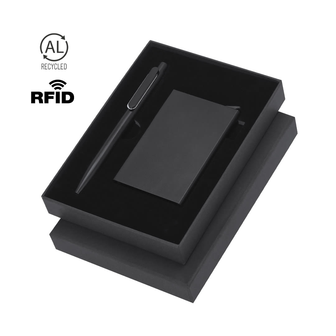 A black gift set featuring a pen and a wallet, presented in a sleek black box with an RFID blocking feature. Randolph Set - Image 1