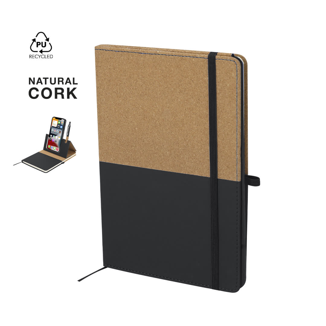 A notepad with a natural cork cover and a black bottom, featuring a black elastic band and a logo. Suttony Holder Notepad - Image 1
