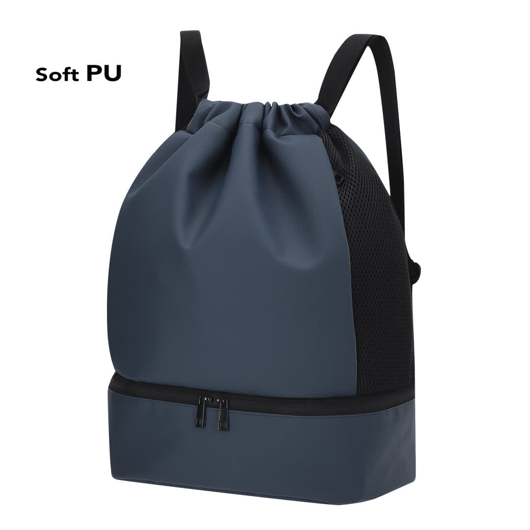 A blue backpack featuring a soft PU material with a mesh side, secured with a drawstring and zippers. Handryx Backpack - Image 1
