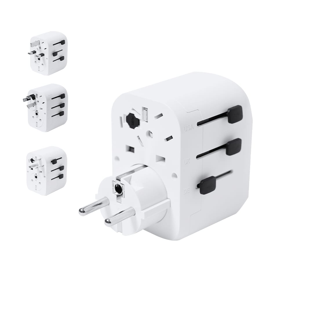 A white travel adapter with multiple plug configurations, featuring a compact design and a built-in logo. Wando Plug Adapter - Image 1