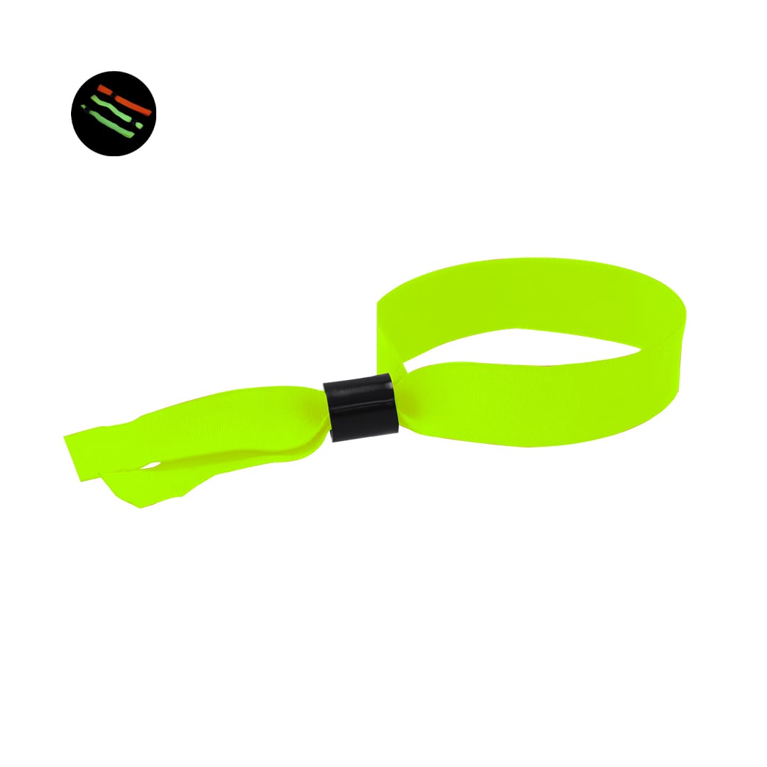 A neon green event wristband featuring a black clasp and an adjustable strap. It includes a logo in the corner. Clasmy Bracelet - Image 1