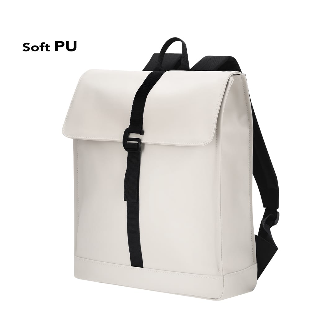 A soft PU backpack in white with a black strap and buckle, featuring adjustable black shoulder straps and a minimalist design. Teylok Backpack - Image 1