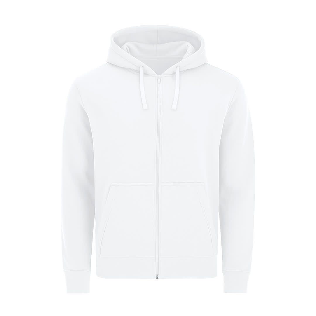 A white zip-up hoodie with a front pocket and drawstring hood, featuring a branding logo. Astro Adult Sweatshirt - Image 1