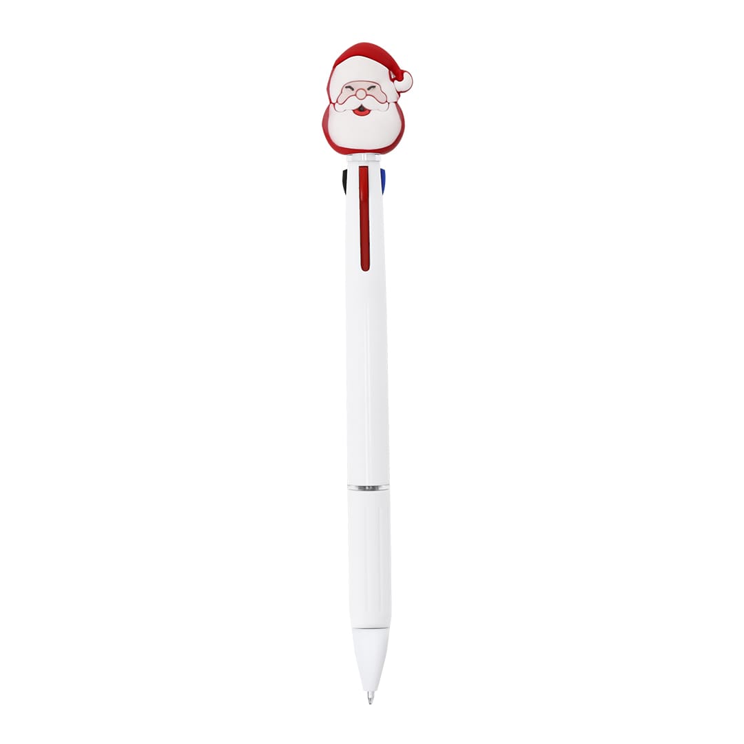 A multicoloured pen featuring a Santa Claus design on top, with a white barrel and red accents. Trismas Multicolored Pen - Image 1