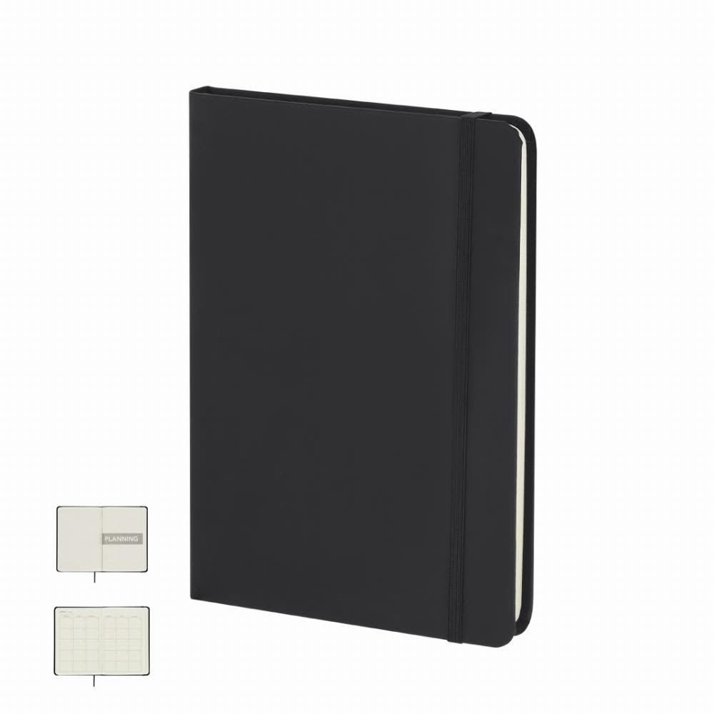 A notebook with a black cover, featuring a logo, and a blank interior with a grid pattern on one page. Crix - Image 1