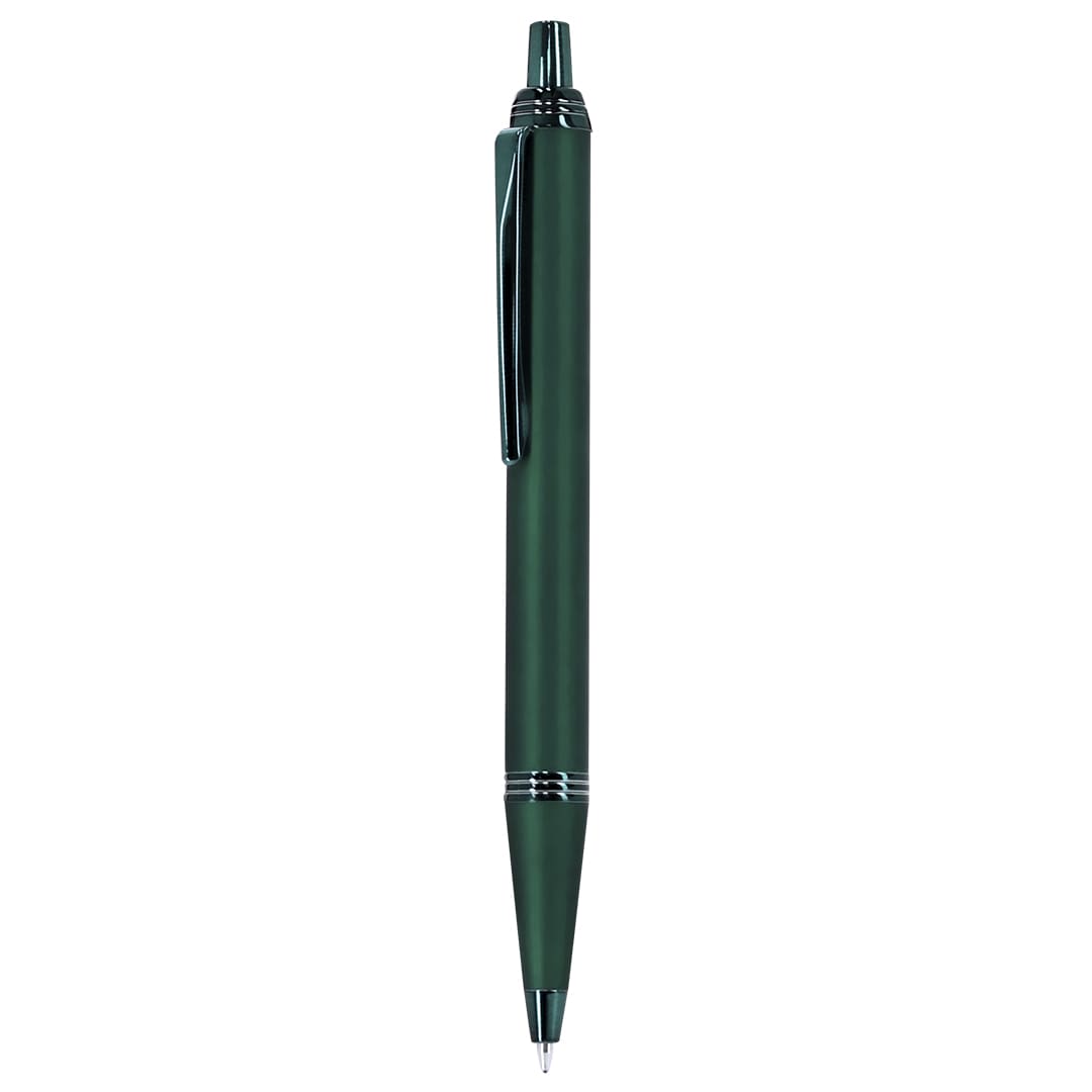 A metal pen in green with silver accents and a clip, featuring a sleek design and a logo. Brokyn Pen - Image 1