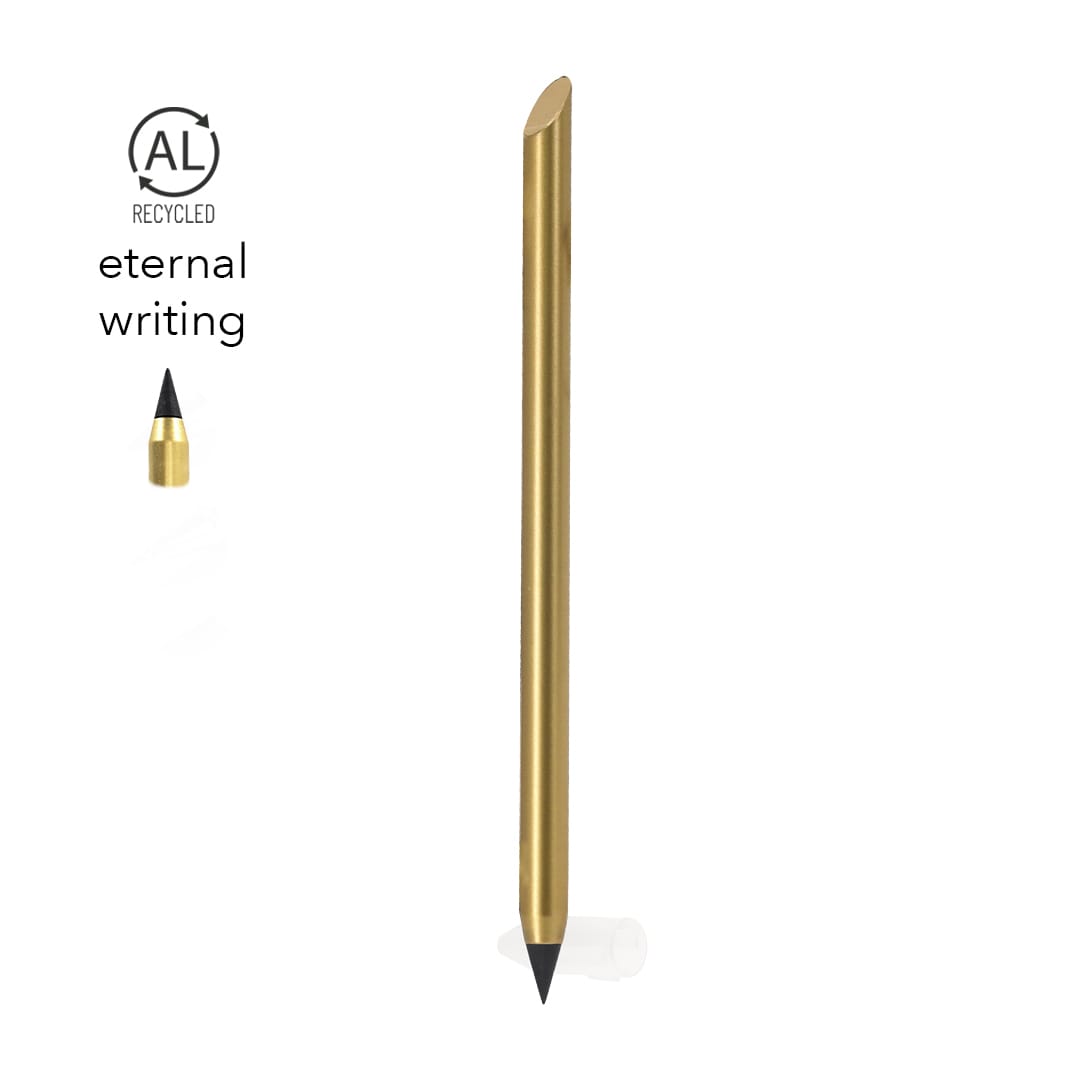 A grey-lead pencil in a sleek gold design, featuring a pointed graphite tip and a branding logo. Jevon Eternal Pencil - Image 1