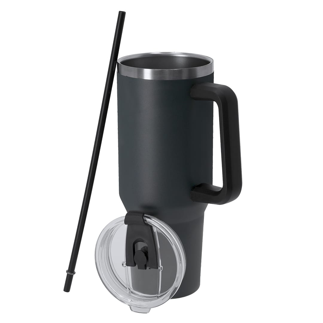 A drink bottle featuring a dark grey insulated mug, a black straw, and a clear lid with a handle. Liena Insulated Mug - Image 1