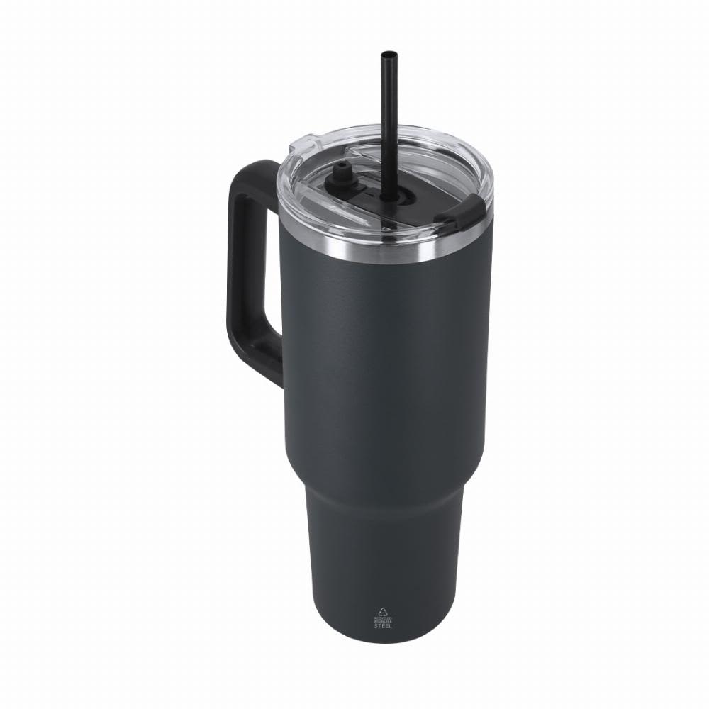 A drink bottle in matte black with a handle, transparent lid, and a straw. It features a logo on the side. Liena - Image 1