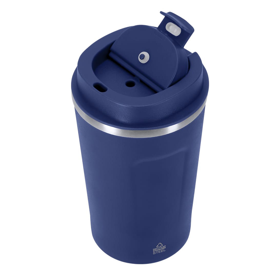 A drink bottle in navy blue with a silver band and a lid featuring a spout. It has a logo on the side. Molin Insulated Cup - Image 1