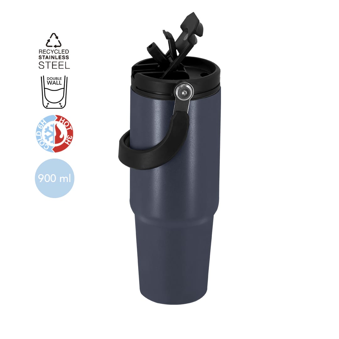 A drink bottle made of recycled stainless steel in navy blue, featuring a handle and a lid with an integrated straw. Chalmer Insulated Cup - Image 1