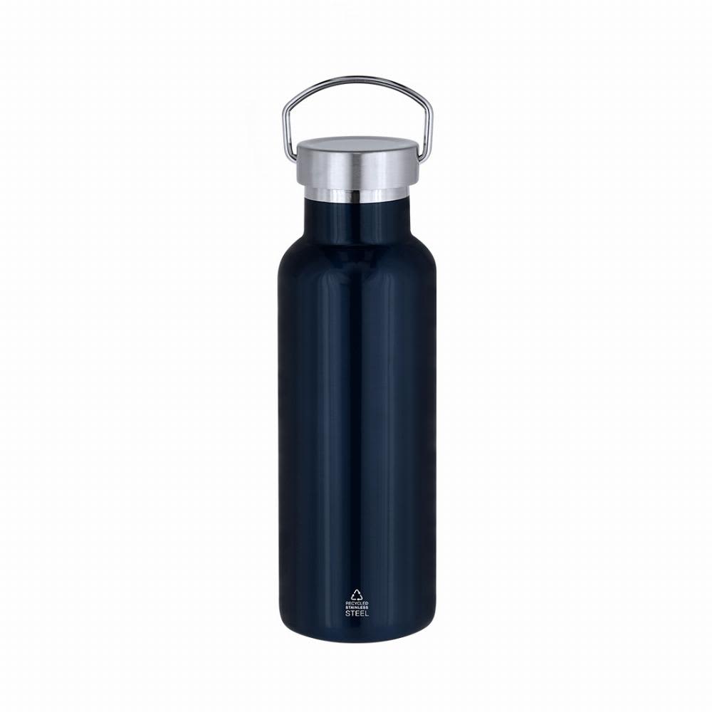 A drink bottle in dark blue stainless steel with a silver lid and a sturdy handle. It features a logo on the base. Muns - Image 1