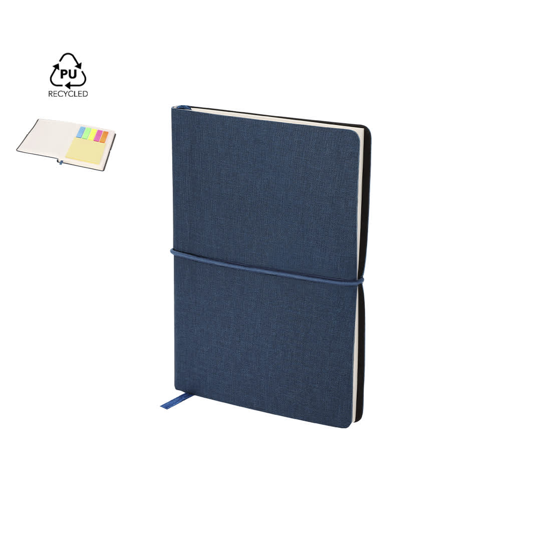 A dark blue notepad with a textured cover, featuring an elastic band and colourful sticky notes inside. Vierax Notepad - Image 1