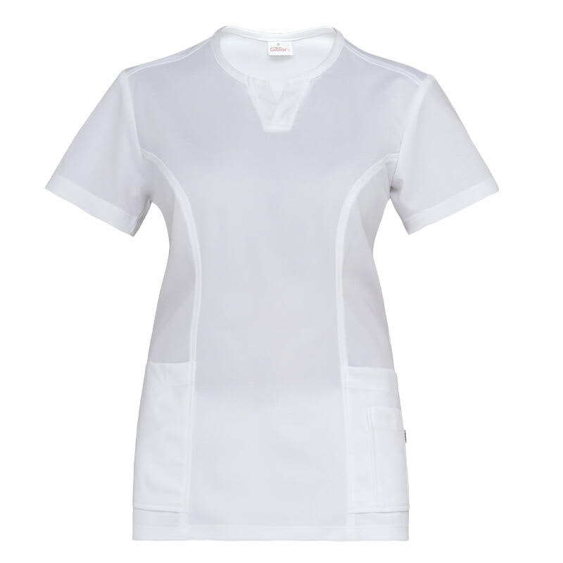 A white Erika Tunic featuring short sleeves and multiple pockets, with a logo on the front. Erika Tunic - Image 1