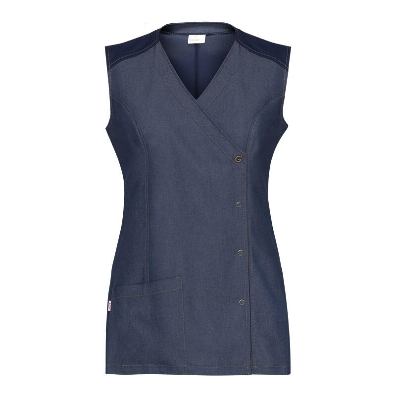 A navy tunic with a wrap design, featuring a pocket and contrasting shoulder panels. It has a logo on the side. Frency Tunic - Image 1