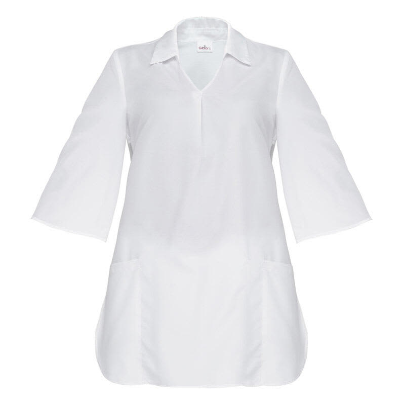 A white kimono-style garment with three-quarter bell sleeves and side pockets. Features a collar and a logo. Nadia Kimono - Image 1