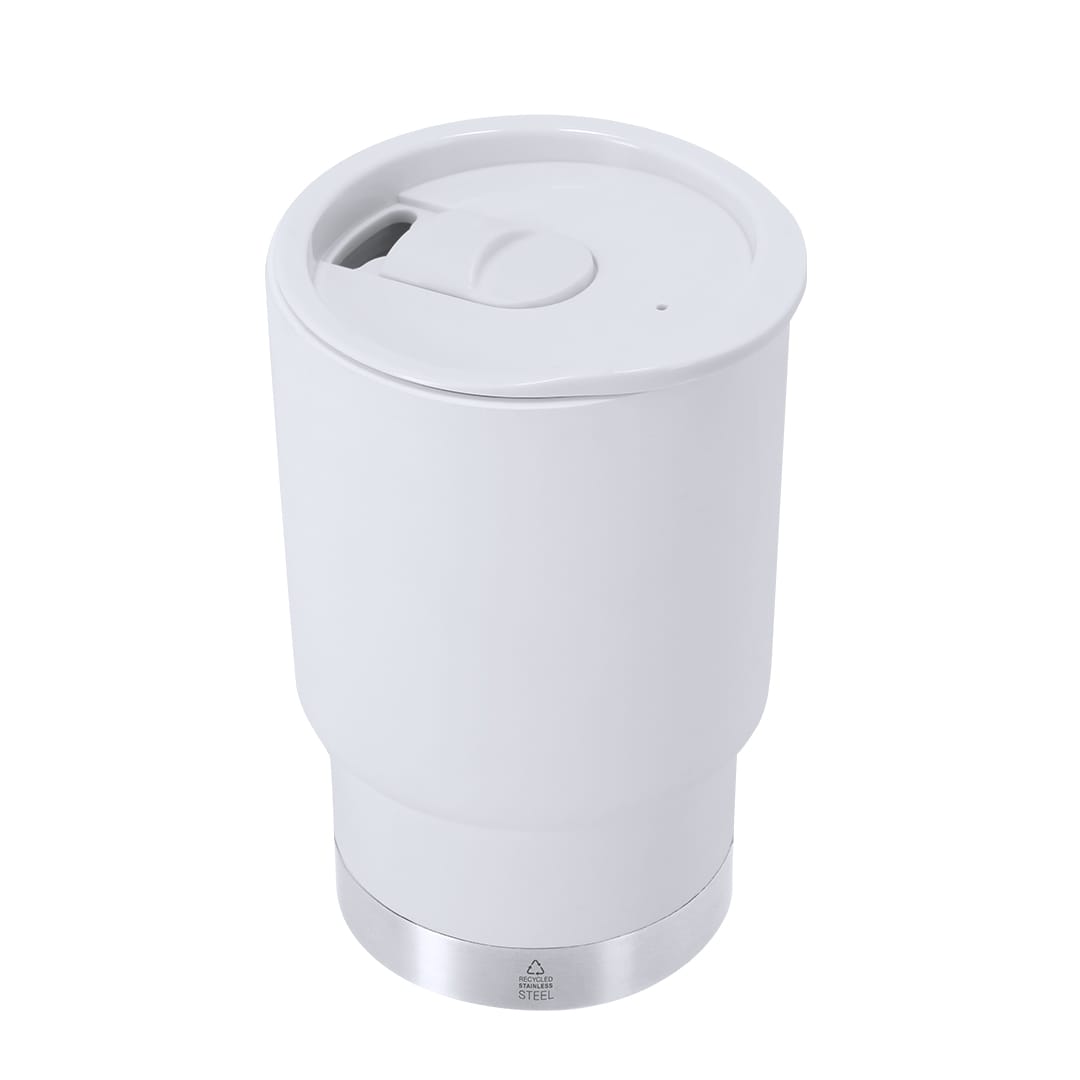 A drink bottle in white with a silver base, featuring a lid and a logo. Ideal for travel and insulation. Clancy Insulated Cup - Image 1