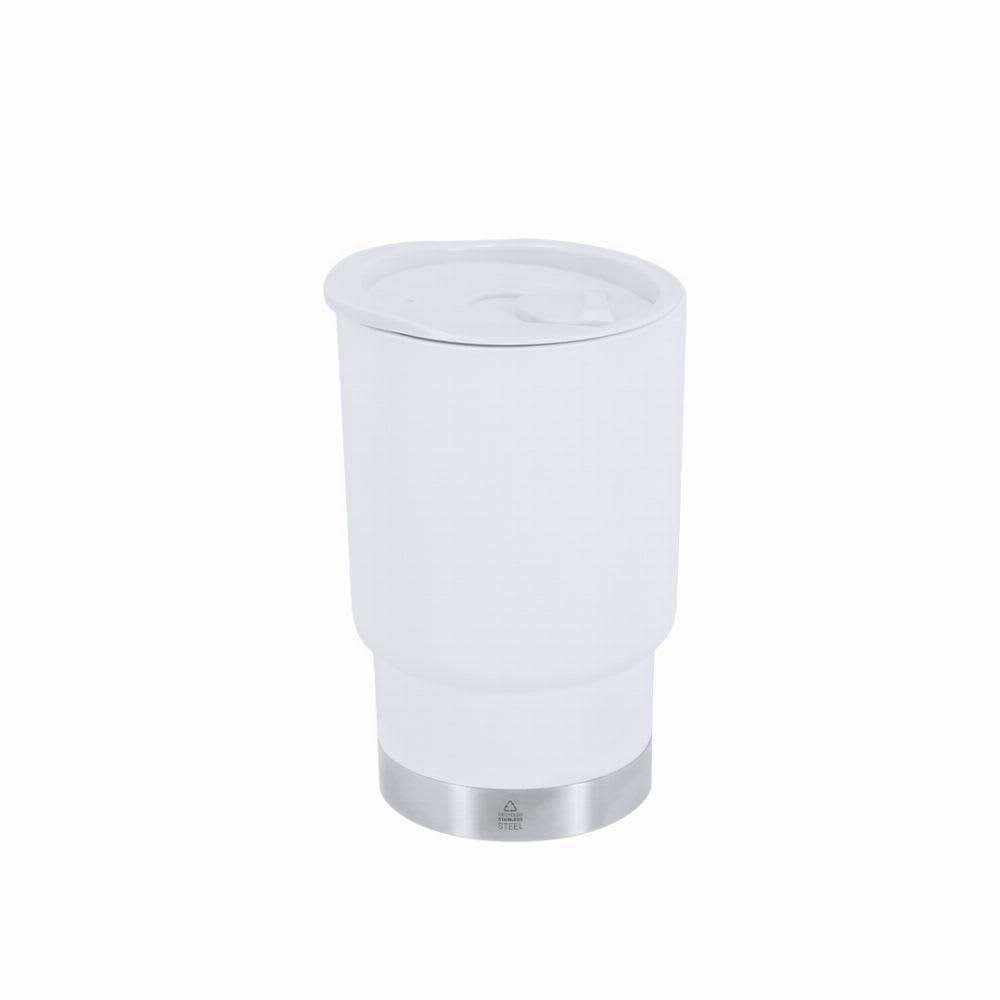 A drink bottle in white with a stainless steel base and a lid, featuring a simple design. Clancy - Image 1