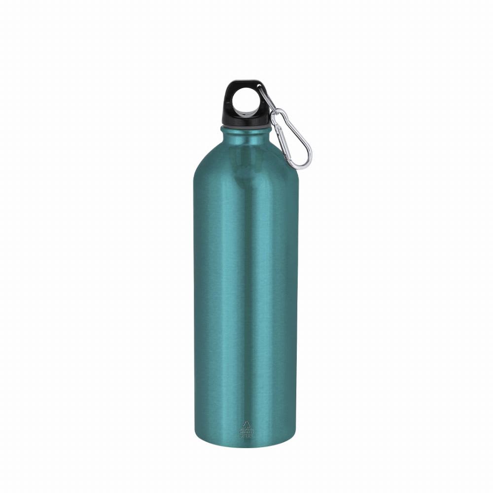 A drink bottle in a glossy teal finish, featuring a black cap and a metal carabiner. Graims - Image 1