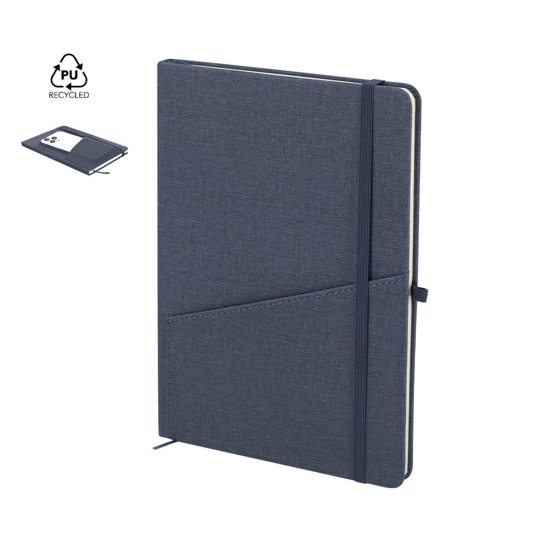 A navy blue notepad with a textured cover, elastic band, and a pocket on the front. It features a logo. Waylon Notepad - Image 1