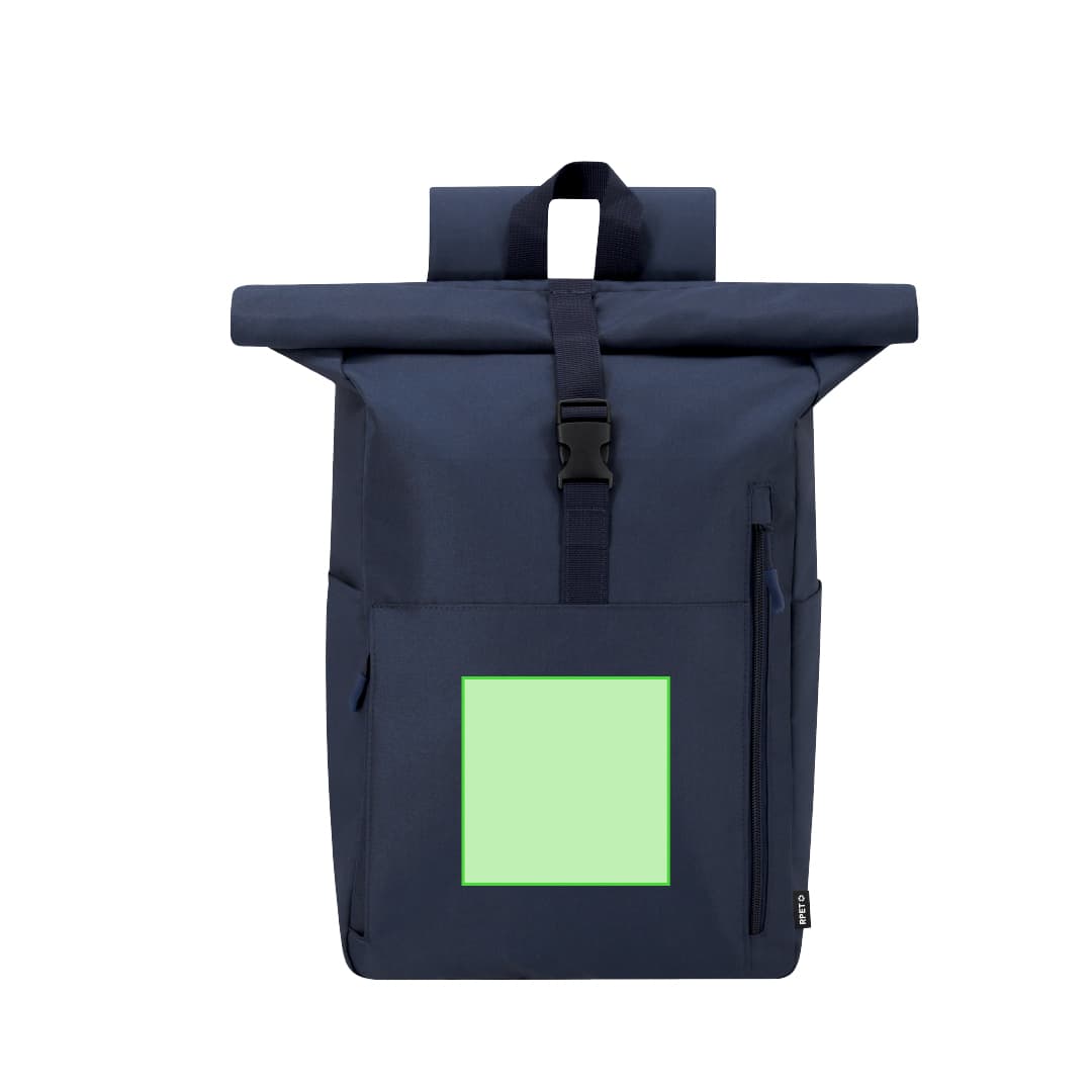 A navy blue Wendell backpack featuring a roll-top design and a front pocket with a square area. It has a logo. Wendell Backpack - Image 1
