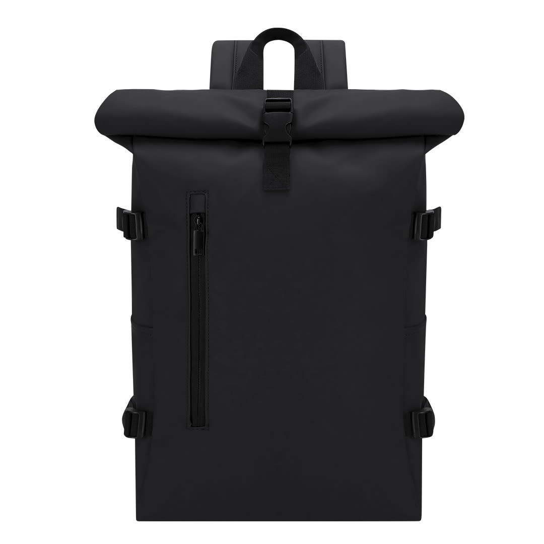 A black roll-top backpack with adjustable straps, a front zip pocket, and side buckles. It features a logo branding. Hedix Backpack - Image 1