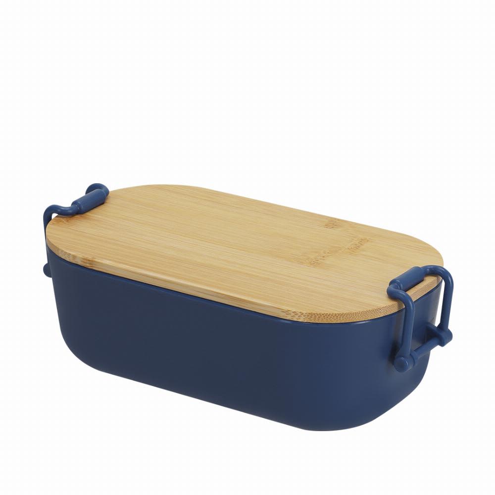 A storage container in navy blue with a bamboo lid and handles. The container has a smooth, rounded shape. Lilix - Image 1