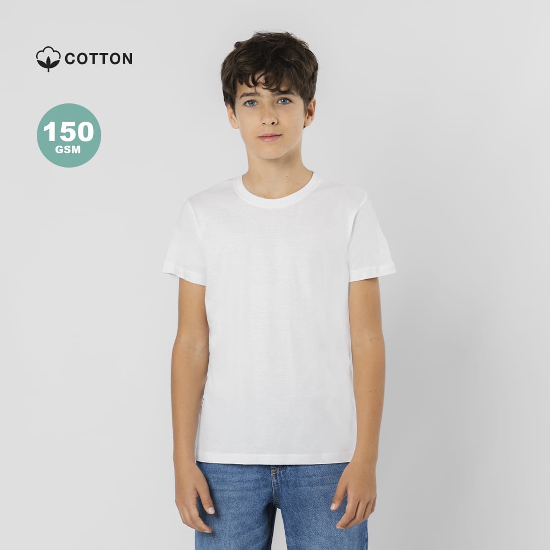 A white t-shirt for kids displayed on a model, featuring a logo and comfortable fit. Epika Kids White T-Shirt - Image 1