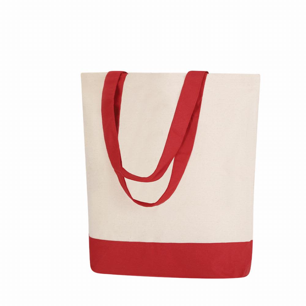A tote bag featuring a natural beige body with a contrasting red bottom and straps. Heleta - Image 1