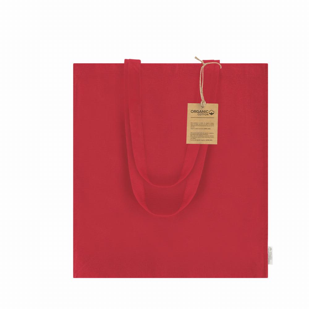 A red tote bag made of organic cotton, featuring two handles and a tag attached. Noban - Image 1