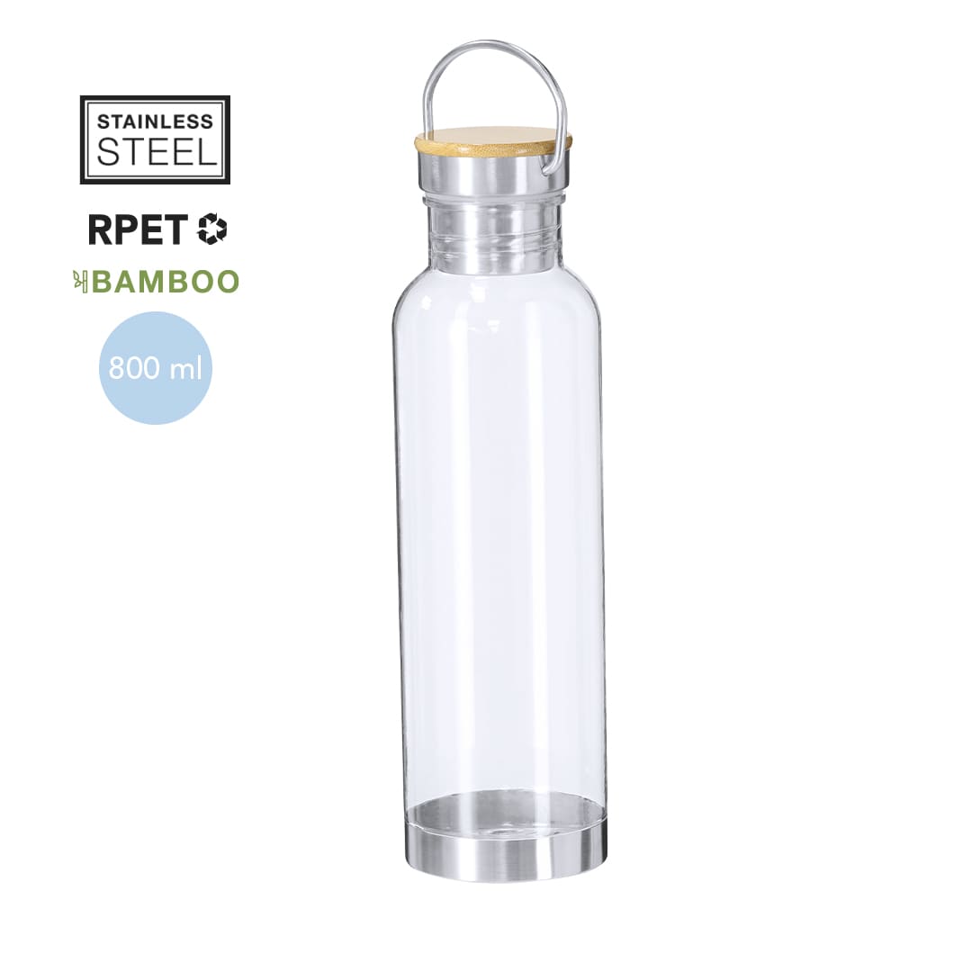 A drink bottle with a clear body, stainless steel base, bamboo lid, and a capacity of 800 ml. It features a logo. Luxan Bottle - Image 1