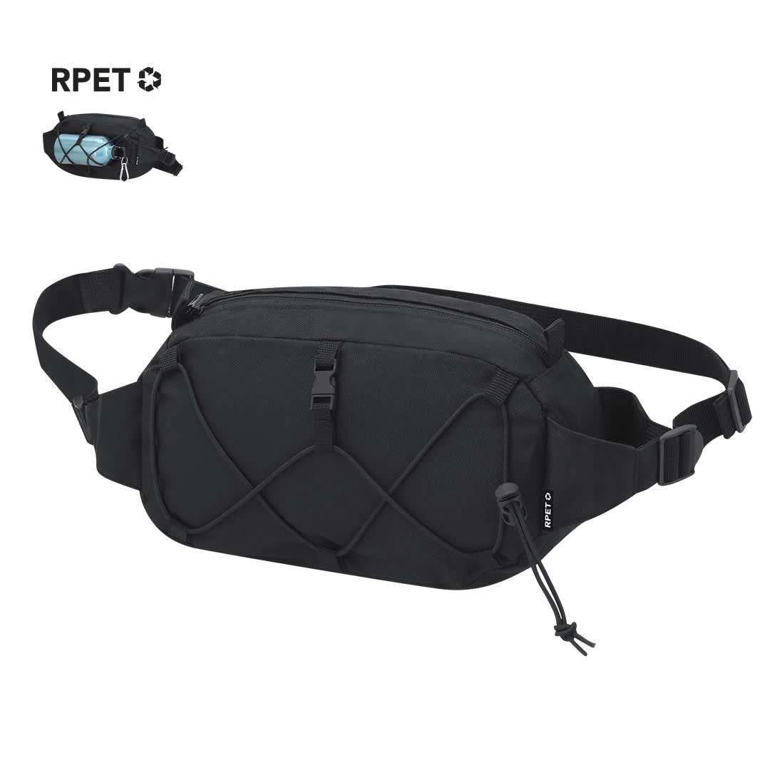 A black waistbag with adjustable straps and a logo, featuring a sleek design and a storage compartment. Pibar Waistbag - Image 1