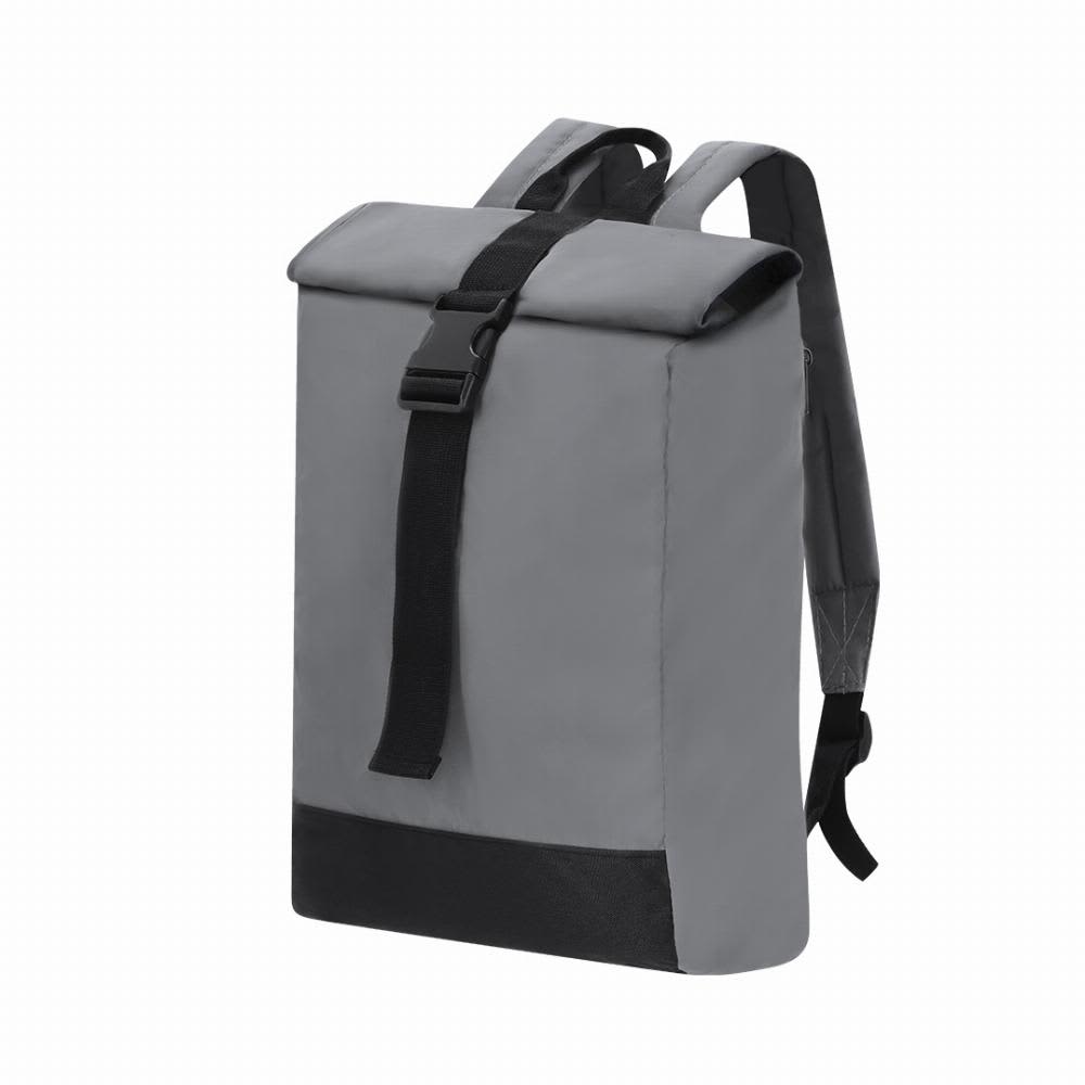 A grey backpack with a roll-top design and a black bottom panel, featuring adjustable straps and a buckle closure. Nazan - Image 1