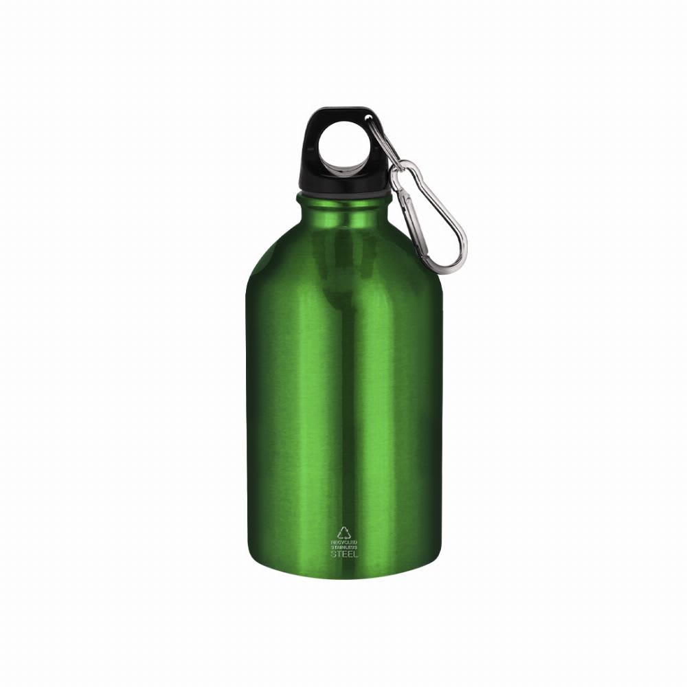 A green stainless steel drink bottle with a black cap and a carabiner attached. Beyls - Image 1