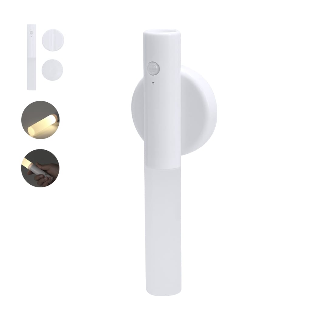 A white torch with a slim design, featuring a light and a wall mount. It includes a button for operation and has a slightly wider base. Selina Torch Emergency - Image 1