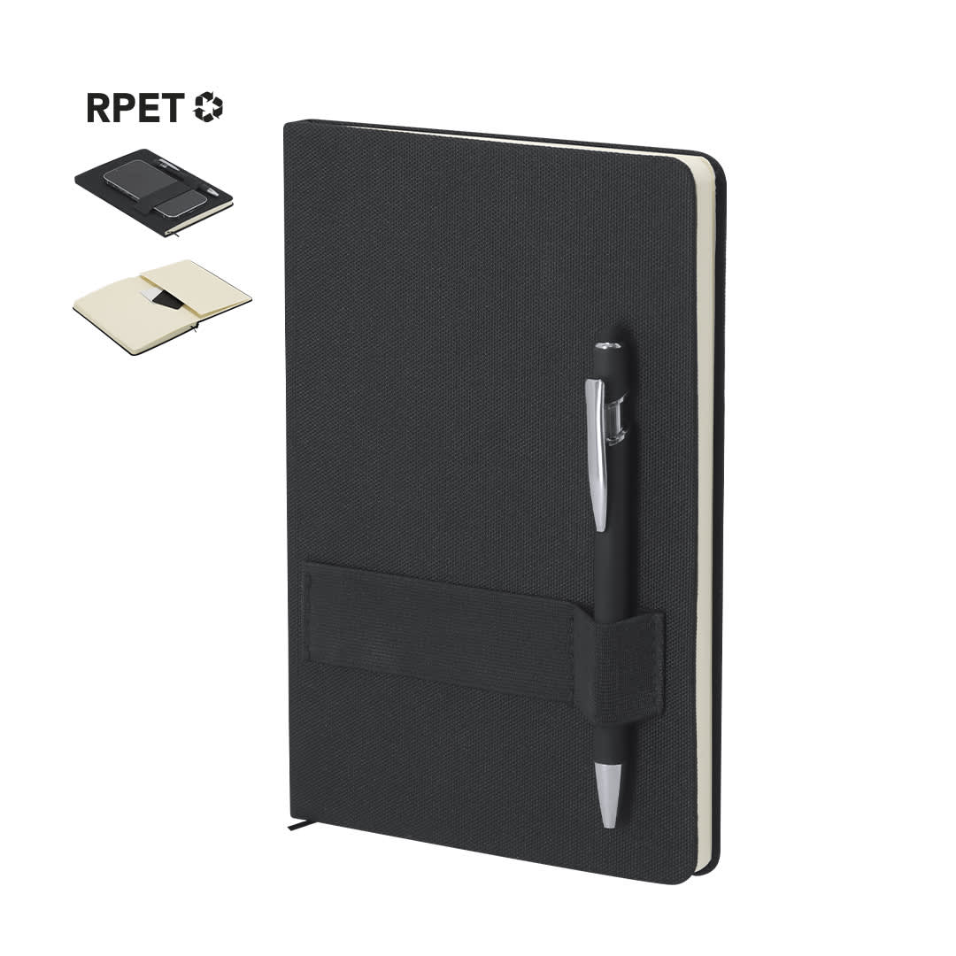 A black notepad with a matching pen, featuring a logo and an elastic band closure. The notepad has a hard cover. Rubin Notepad - Image 1