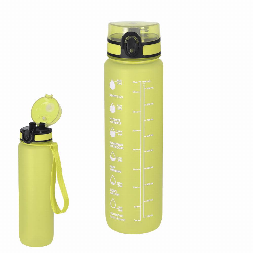 A drink bottle in bright yellow with a flip-top lid and measurement markings, featuring a logo. Trarun - Image 1