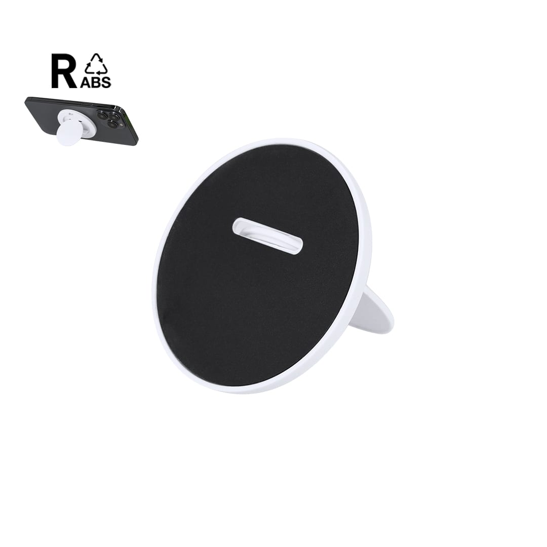 A white phone stand with a black base and a slot for a device, featuring a logo on the side. Alecop Holder - Image 1