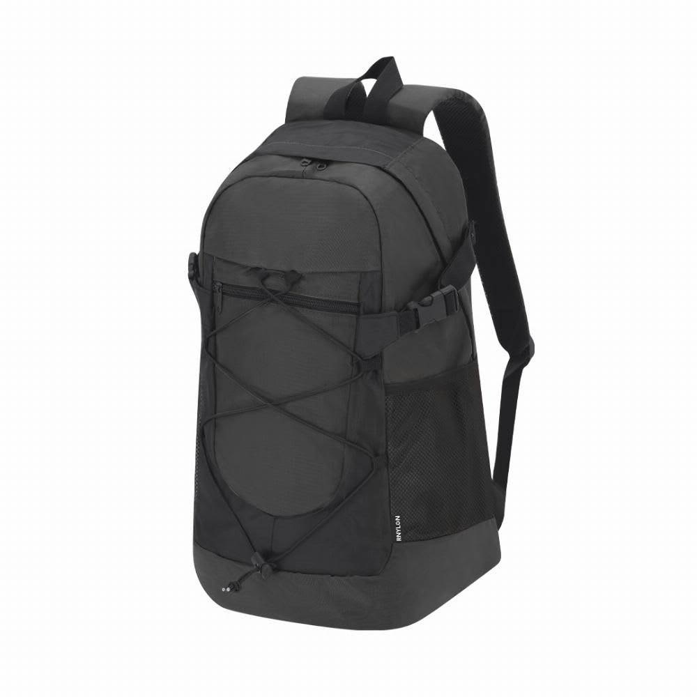 A black backpack with a mesh side panel and adjustable straps, featuring a distinctive bungee cord design on the front. Zaroc - Image 1
