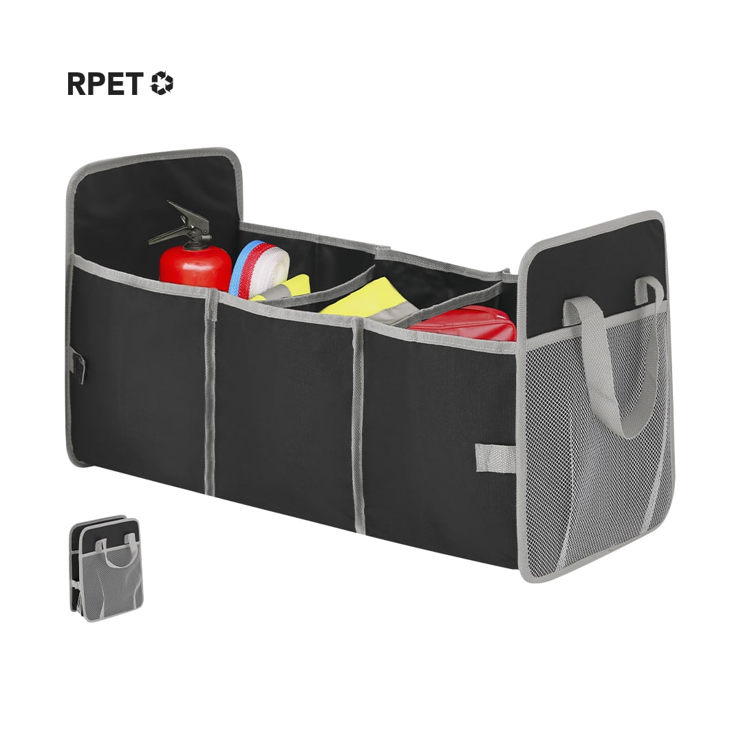 A black and grey organiser bag with multiple compartments, featuring mesh sides and carrying handles. Rocel Organizer - Image 1