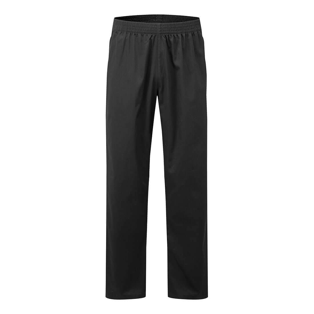 Black pants designed without pockets, featuring an elastic waistband. The fabric appears smooth and lightweight. Baker's No Pocket Pants - Image 1
