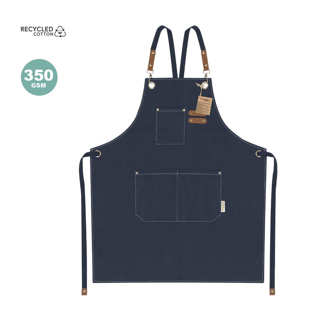 A navy blue Fonor apron made from recycled cotton, featuring adjustable straps and multiple pockets. Fonor Apron - Image 1