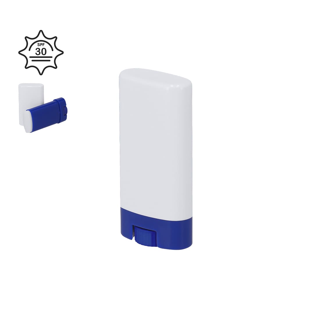 A white and blue sunscreen lotion stick with an SPF 30 rating and a branding logo on the side. Torval Sunscreen Lotion - Image 1