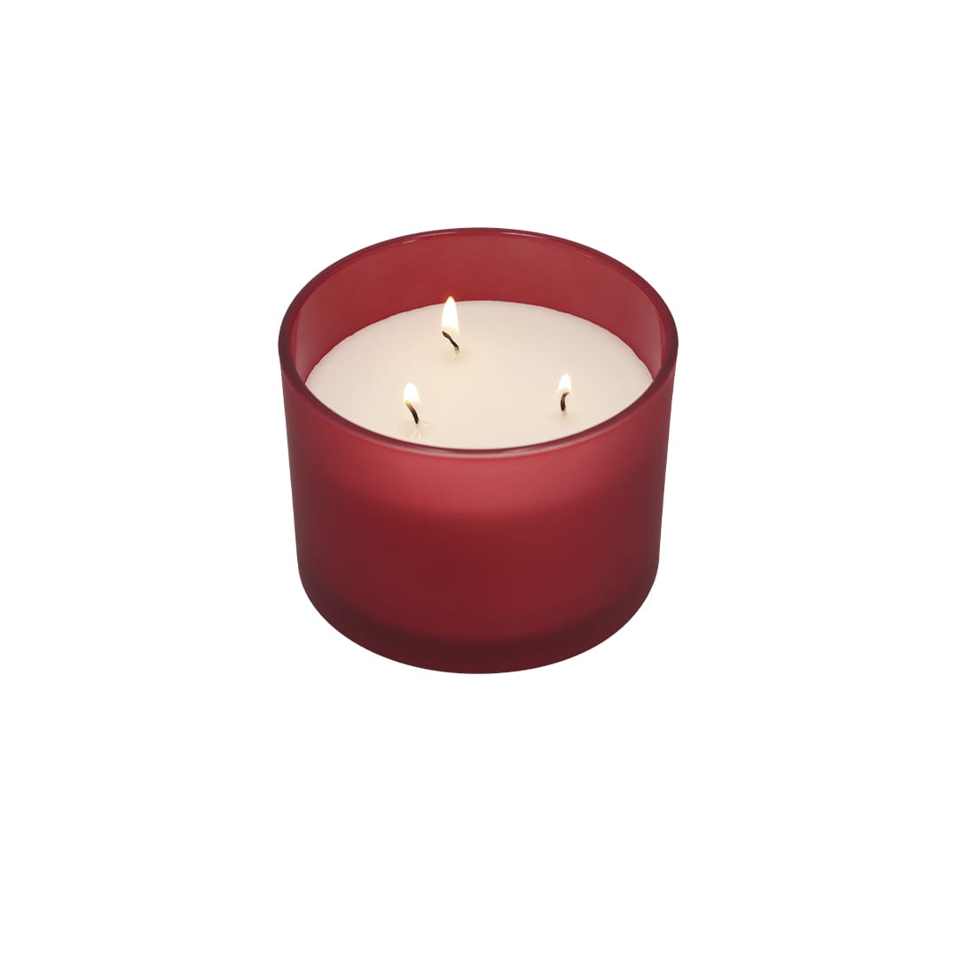 A red aromatic candle with three wicks, featuring a creamy white wax interior in a frosted glass holder. Lenzox Aromatic Candle - Image 1