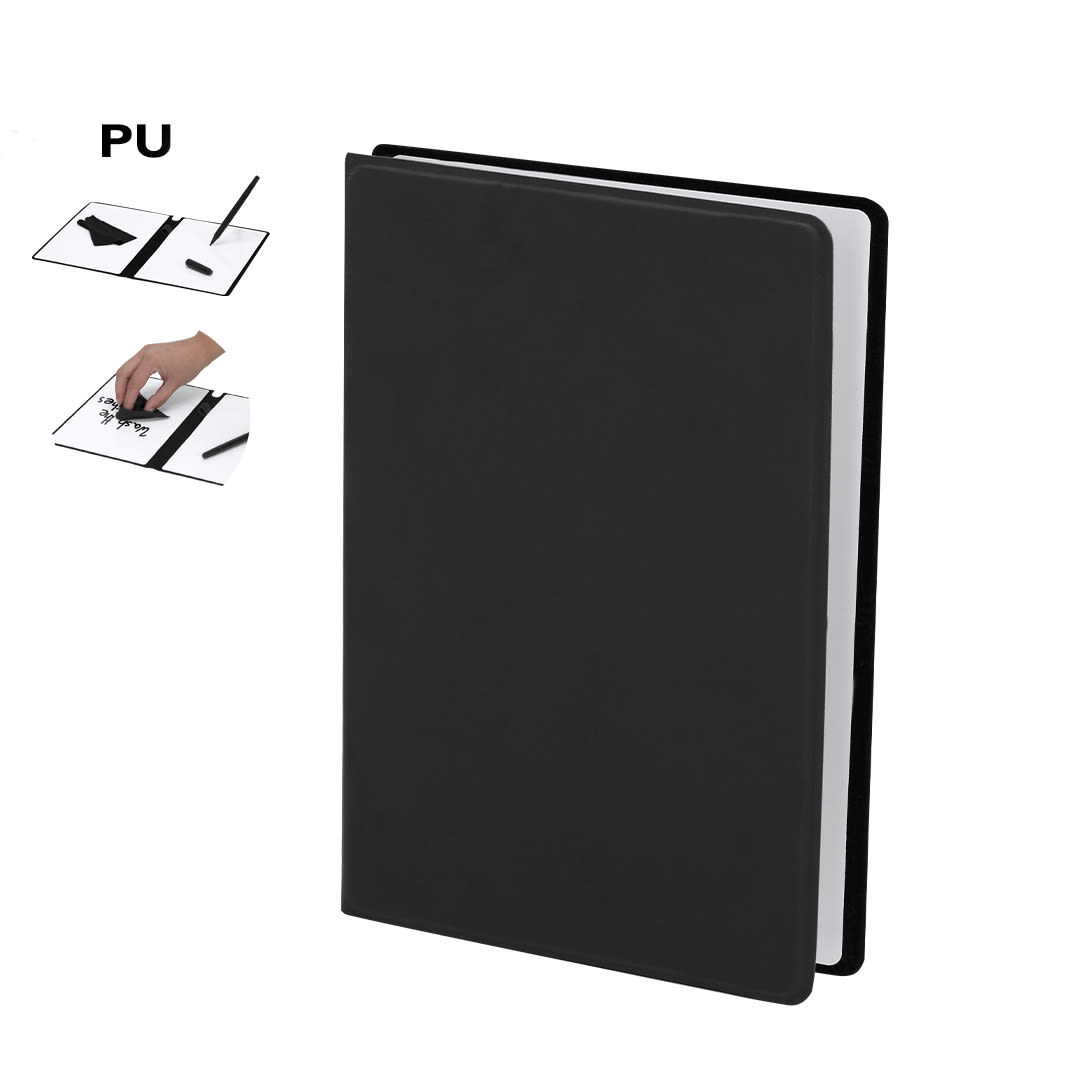A black notepad with a whiteboard interior, featuring a sleek cover and a logo on the front. Komar Notepad Whiteboard - Image 1