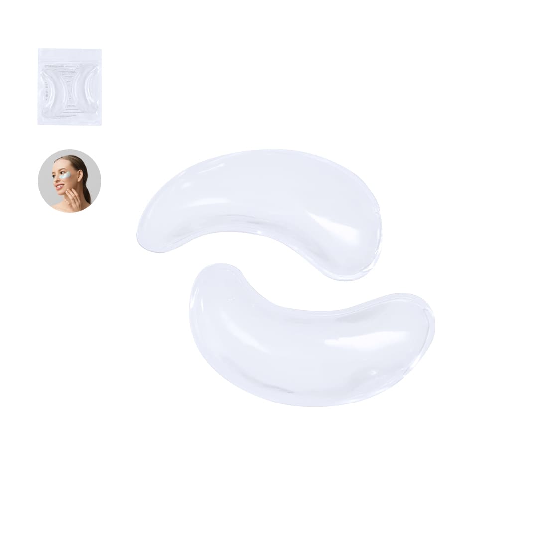 A set of clear gel eye masks in a bean shape, packaged with a small insert featuring a logo. Pronex Hot-Cold Pack Set - Image 1