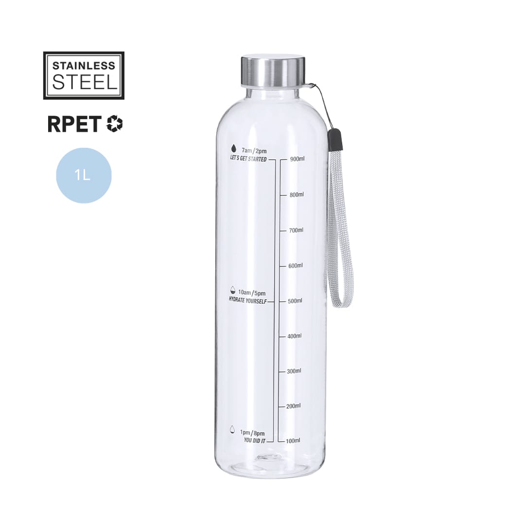 A drink bottle made of clear stainless steel with a silver lid and a measurement scale along the side. Itear Bottle - Image 1